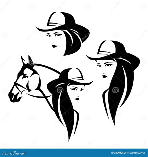 Cowgirl Woman Riding Horse Black And White Vector Outline And