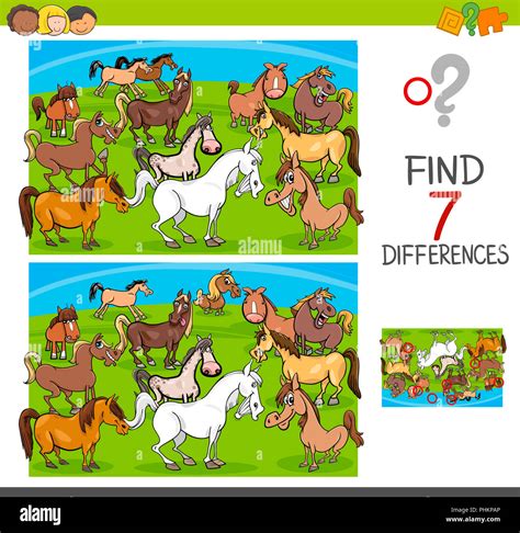 find differences game with horses animal characters Stock Photo - Alamy