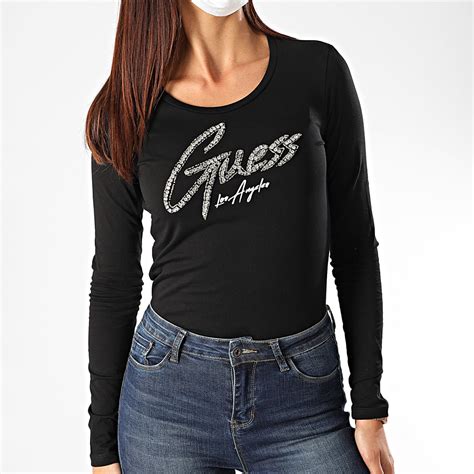 Guess Tee Shirt Manches Longues Femme Strass W0yi65 Ja900 Noir Argenté