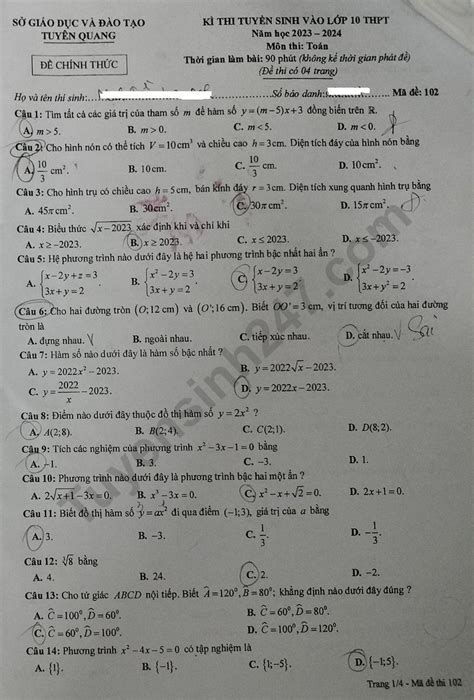 Đáp án đề thi môn Toán vào lớp 10 tỉnh Tuyên Quang năm 2023