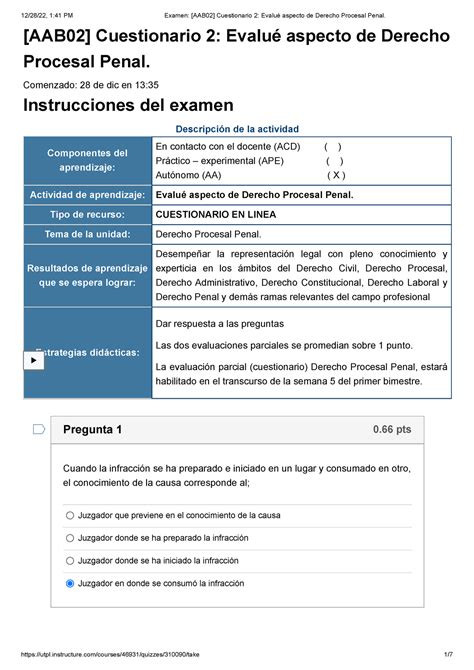 Examen AAB02 Cuestionario 2 Evalué aspecto de Derecho Procesal Penal