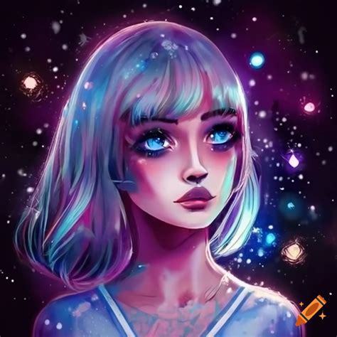 Illustration Of A Girl With Blue Eyes Wearing An Astronaut Mask And