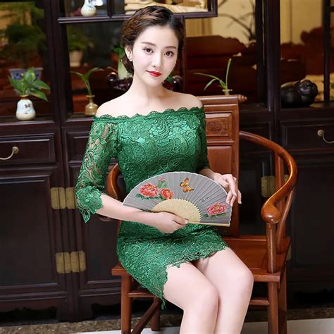 Chinese Female Lace Cheongsam Sexy Mini Qipao Half Sleeve Modern Qipao Dress Chinese Style