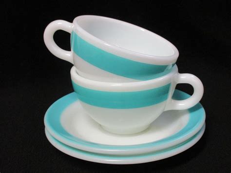 Vtg PYREX WIDE TURQUOISE AQUA Band Double Tough Coffee Tea Cups