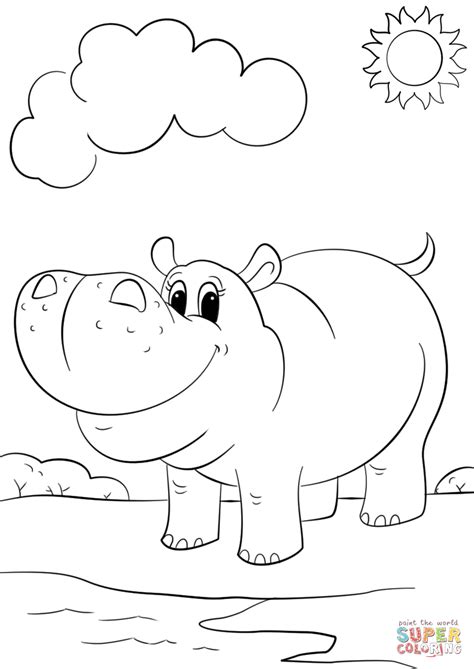 Cute Cartoon Hippo coloring page | Free Printable Coloring Pages