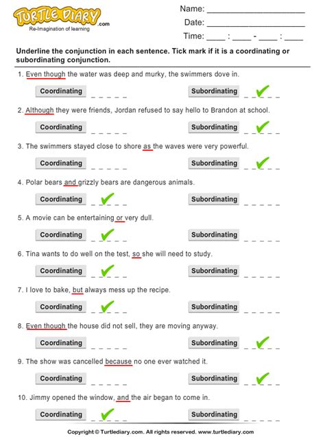 Identifying Conjunctions Worksheet Turtle Diary