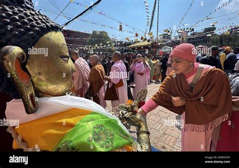 March 14 2024 Lalitpur Bagmati Nepal A Monk Offers Prayers To An