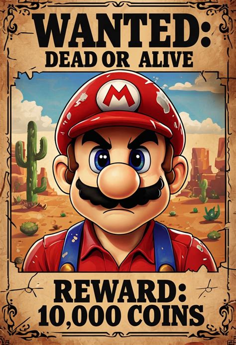 Wanted Dead Or Alive Mario Vintage Western Cartoon Poster Playground