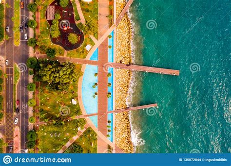 Aerial View Of Molos Promenade Park On Coast Of Limassol City Centre In