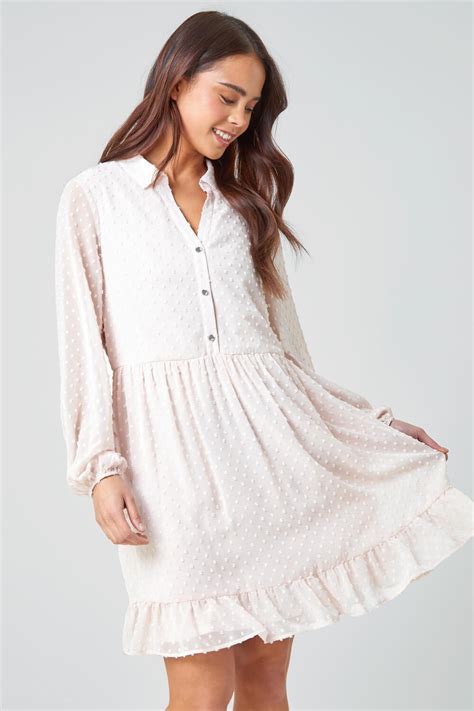 light pink petite textured spot tiered frill hem dress roman uk