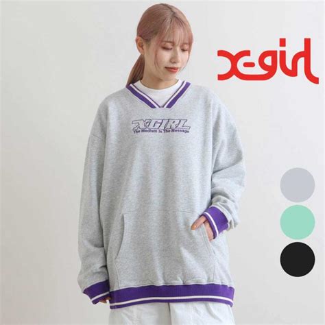 X Girl エックスガール Striped Rib Sweat Top スウェット レディース トップス ロゴ 刺繍 長袖 裏毛