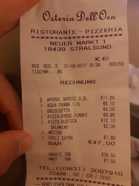 Speisekarte Von Osteria Dell Oca Restaurant Stralsund