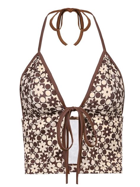 Emmiol Kostenloser Versand 2024 Neckholder Crop Cami Top Mit Kariertem Print Braun One Size Von