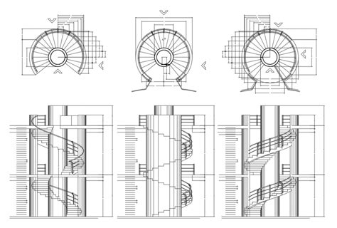 Spiral stairway detail elevation and plan 2d view autocad file