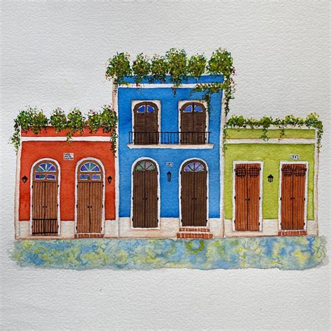 Old San Juan Painting With Orange Blue And Green House Etsy