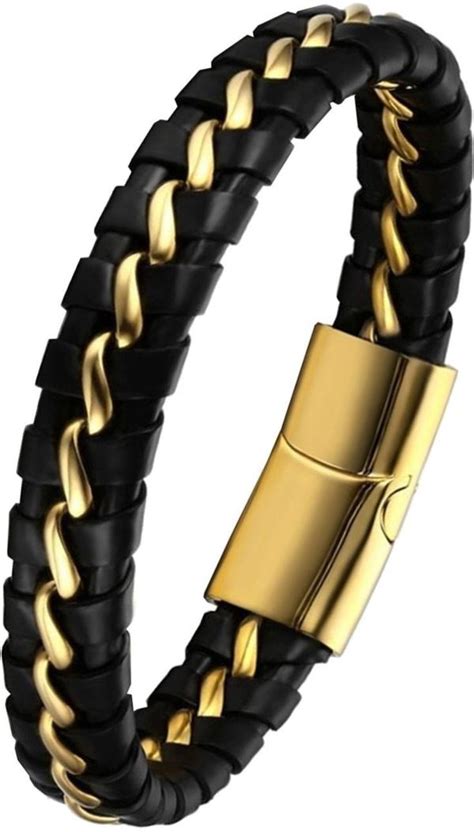 ZIVOM Black Braided Leather Gold Stainless Steel Bracelet For Men JioMart