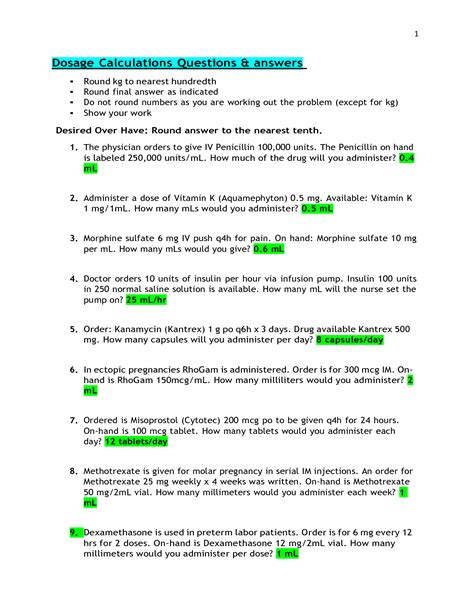 Solution Dosage Calculations Practice Answer Key Studypool