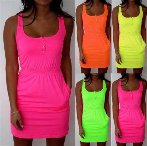 Women Dress Fluorescent Color Elastic Waist Female Summer Casual