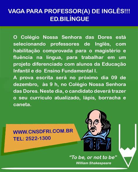 Vaga para professor a de inglês Colégio Nossa Senhora das Dores