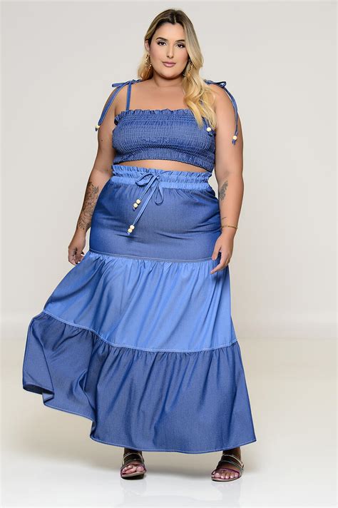 Conjunto Plus Size Saia Longa Cropped Em Tencel Vk Moda Plus Size