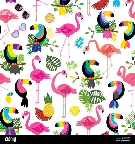 Seamless Tileable Tropical Vector Pattern With Flamingos Toucans