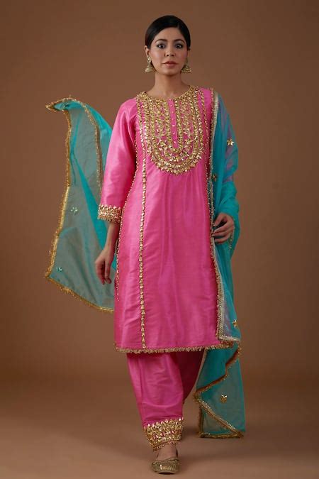 Buy Pink Dupion Silk Hand Embroidered Gota Round Pearls A Line Kurta