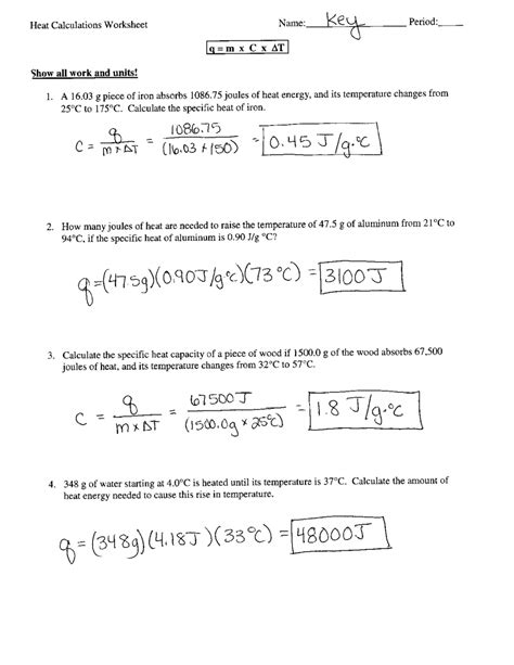 Calculating Specific Heat Worksheet Martin Lindelof