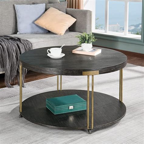 Round Industrial Coffee Table 2 Tier 35 Metal Frame Round Accent Cocktail Table With Storage