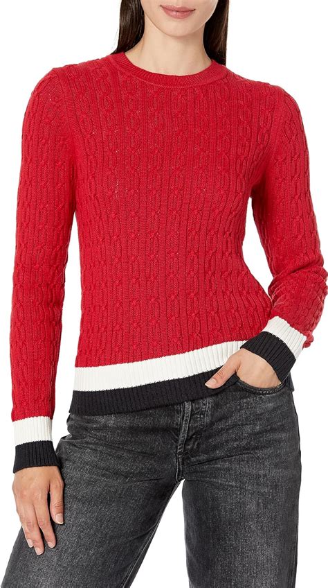 Tommy Hilfiger Womens Everyday Crewneck Cable Sweater Scarlet Multi