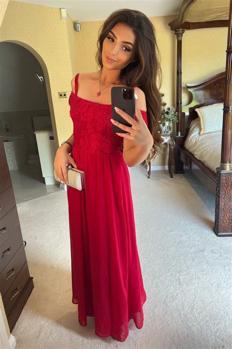 Red Lace Off Shoulder Chiffon Maxi Dress