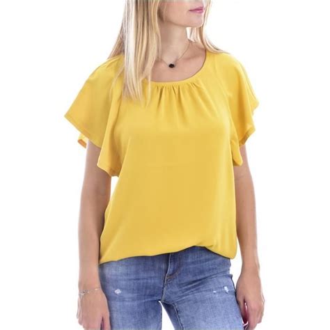 Top Fluide Molly Bracken Jaune Coupe Droite Manches Courtes