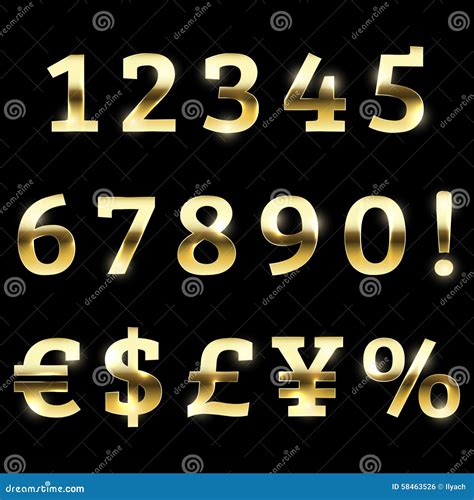 Gold Glittering Font Set Currency Numbers And Special Symbols Stock