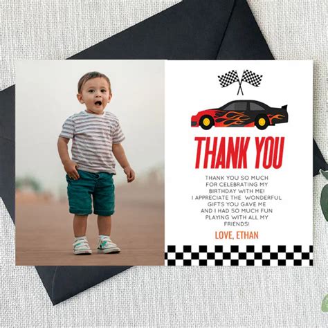 Red Racecar Race Car Custom Photo Birthday Party Thank You Card Zazzle