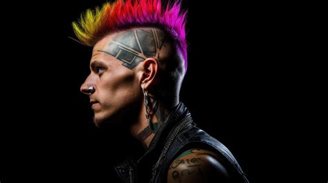 Punk rocker, Mohawk contrasting against tattooed neck, nose ring ...