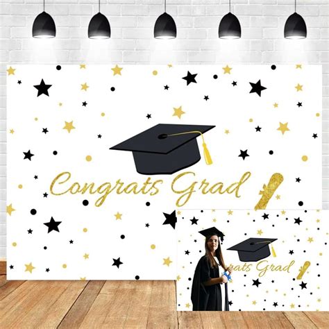 Oerju 10x8ft Congrats Grad Graduation Backdrop Trencher Cap Black And Gold Stars