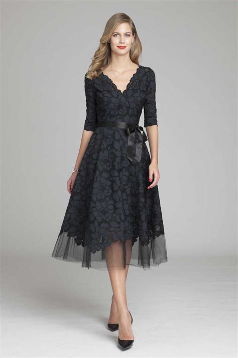 3 4 Sleeve Lace And Tulle Fit And Flare Dress Tea Length Dresses