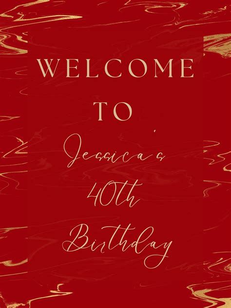 Editable Red And Gold Birthday Welcome Sign Marble Birthday Etsy