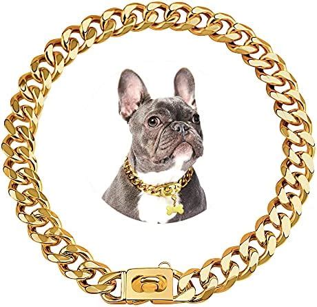 Gold Dog Chain Collar 19mm Stainless Steel Cuban Link Chain Strong Heavy Duty Chew Proof Dog ...