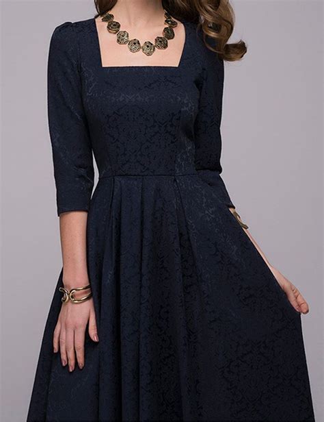 Elegant Vintage Patchwork Long Dress Navy Blue