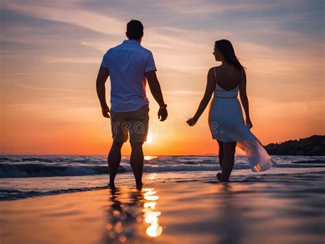 Romantic Beach Walk At Sunset Ai Generated Love Moment Stock