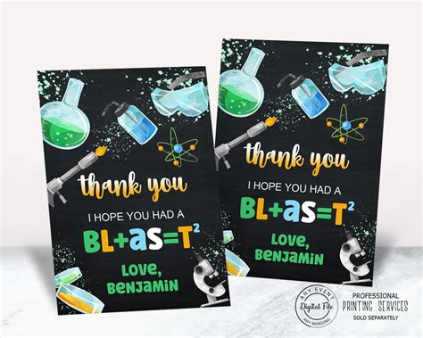 Science Birthday Thank You Card Boy Science Party Favor Bag Etsy