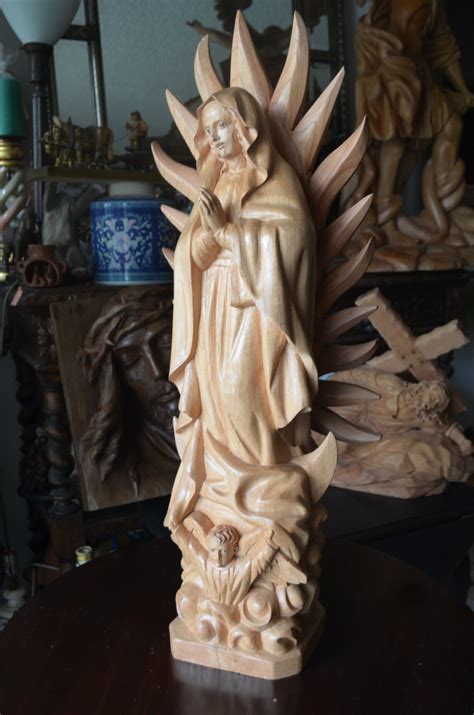 Hand Carved Wood Sculpture Of Virgin Mary Virgen De Guadalupe Etsy