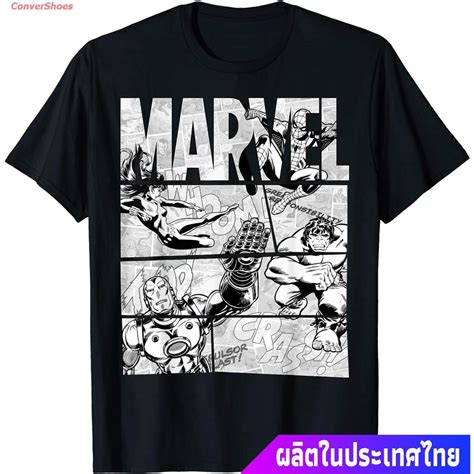 เสื้อยืดผู้ชายและผู้หญิง Marvel Avengers Retro Black And White Comic