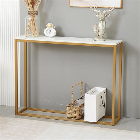 Dwvo Faux Marble Console Table With 2 Wood Drawers Modern Narrow Sofa Table With