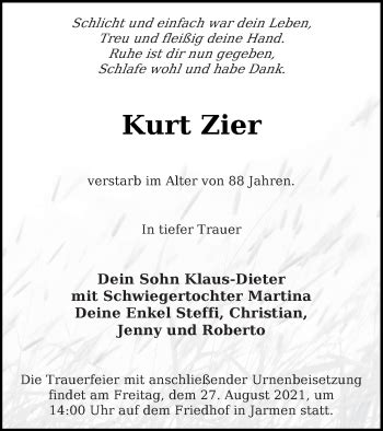 Traueranzeigen Von Kurt Zier Trauer Nordkurier