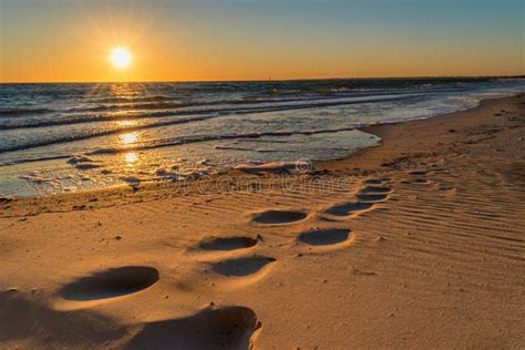 Footprints in the Sand at Sunset Stock Image - Image of sunup, ocean ...