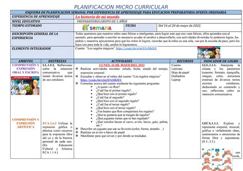 Preparatoria Semana La Historia De Mi Mundo Planificacion Micro