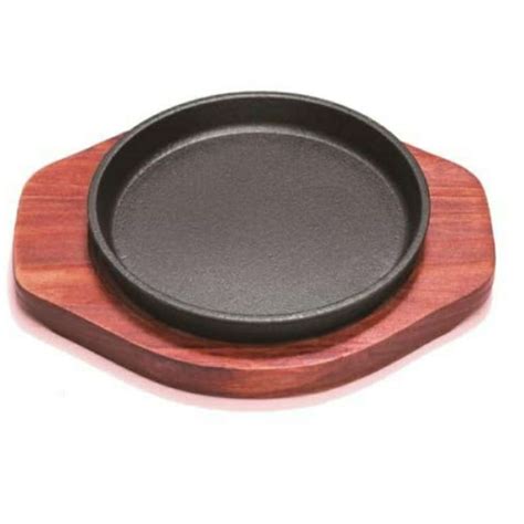Promo Cast Iron Hi Temp Steak Teppanyaki Bulgogi Hot Plate Wood Base Platter Diskon Di