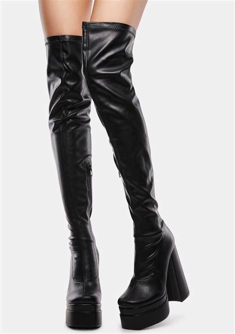 Over The Knee Vegan Leather Platform Heel Boots Black Dolls Kill