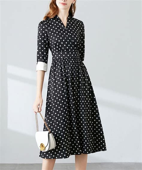 Onebuye One Buye Womens Maxi Dresses Black Black And White Polka Dot Contrast Cuff Surplice